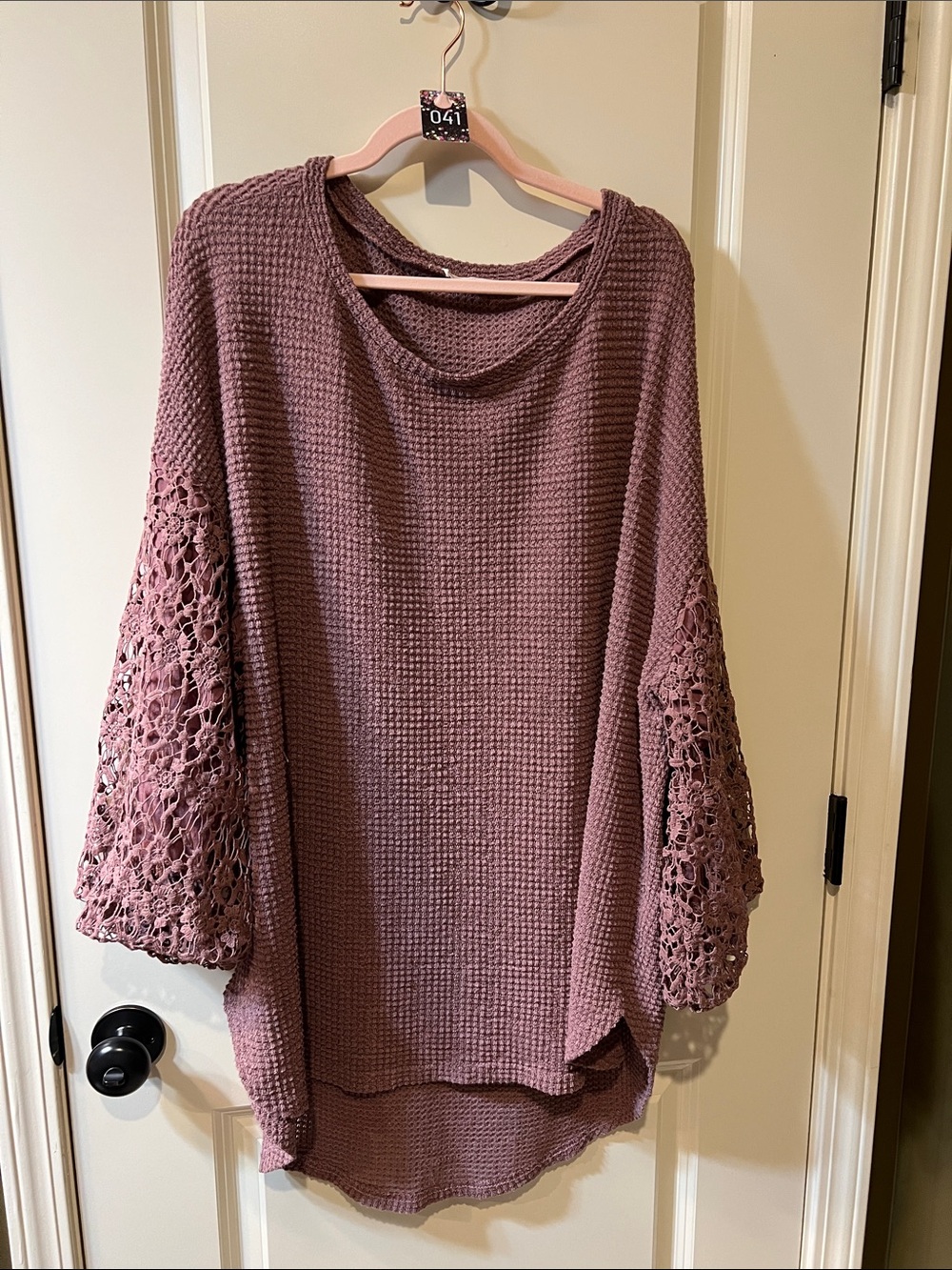 Mauve Crochet Bell-Sleeve Waffle Knit Crew Sweater